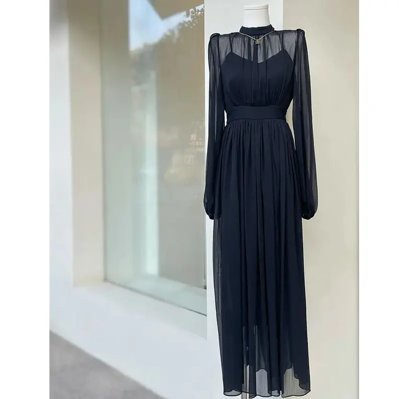 2023 Spring French Elegant  Black Dress Women Fashion Retro Long Sleeve Dresses Temperament Chiffon Office Lady Sundress Vestido