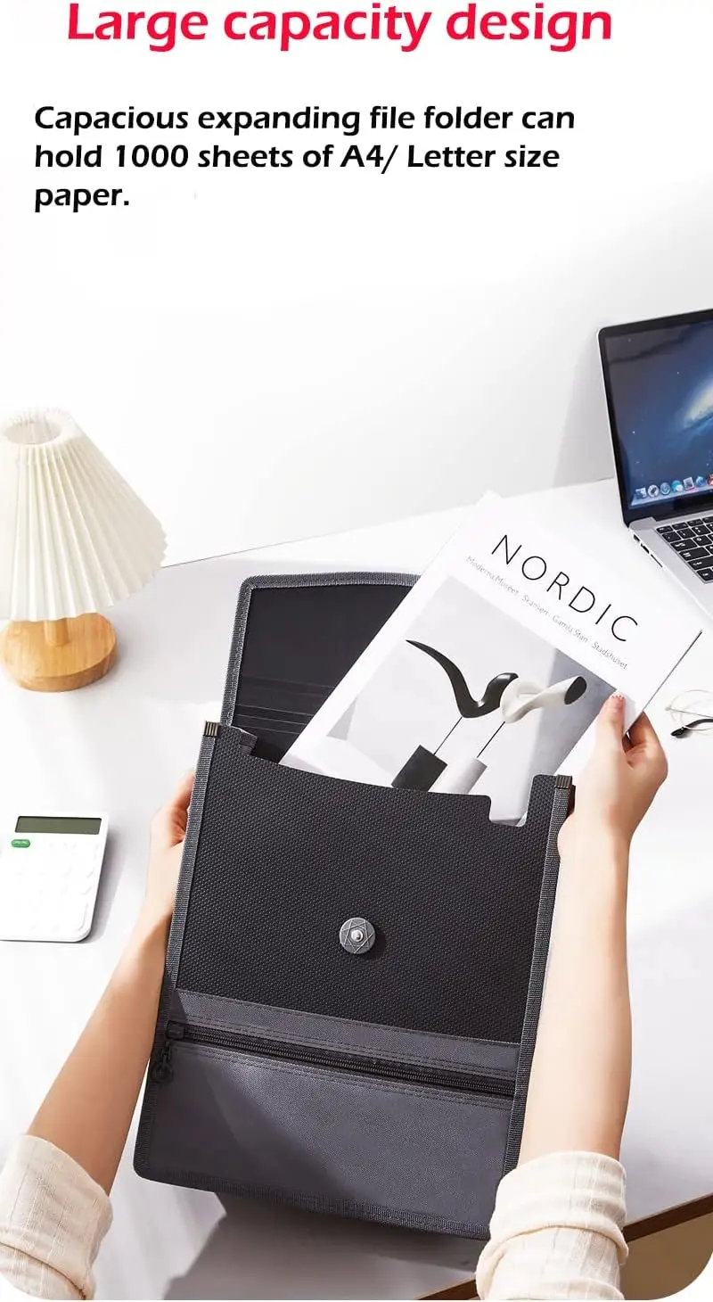 Expanding File Folder Document Organizer with Elastic Cord & Button Closure, 3.5" Expansion, Letter A4 Expandable File Folder