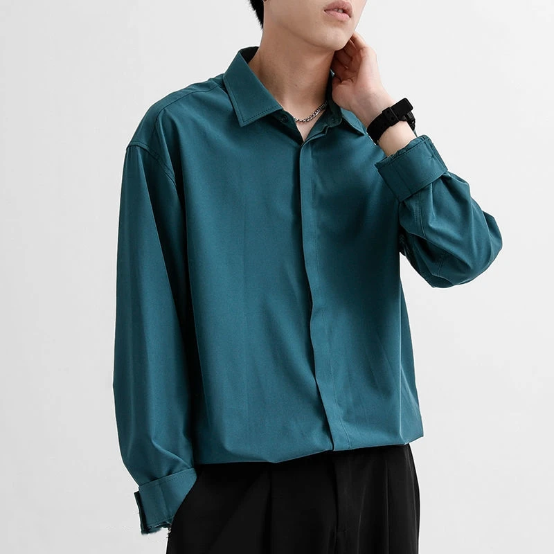 Korean New Men Clothing Drape Shirts for Men Solid Color Lapel Long Sleeve Ice Silk Business Casual Buttons Men Silk Shirt