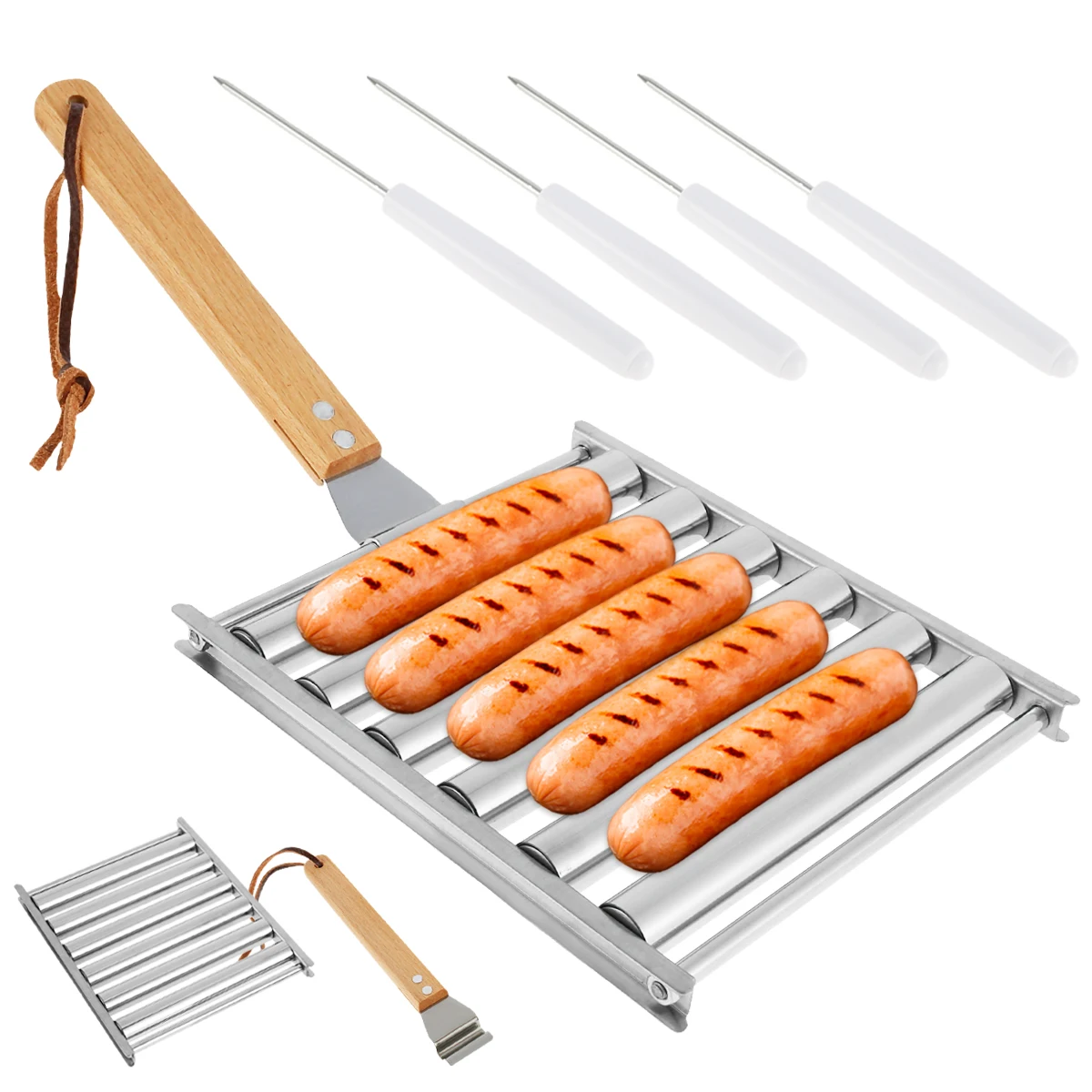 Hot Dog Roller Portable Sausage Roller Rack with Wood Handle and 4 Sticks Stainless Steel Sausage Roll Griller Detachable BBQ