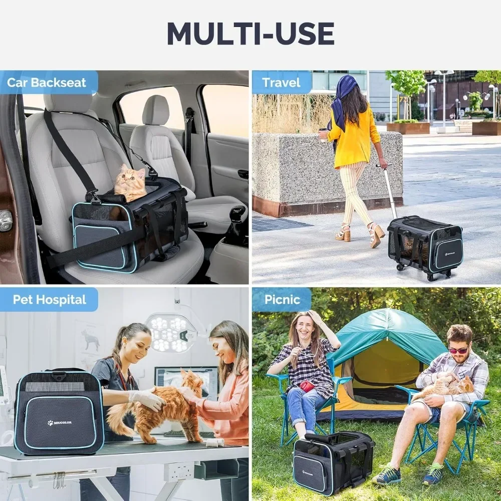 A Pet Carrier with Wheels, Airline & TSA Approved, Cat/Dog Travel Soft Carrier Bag, Rolling Pet Backpack with Telescopic Handle