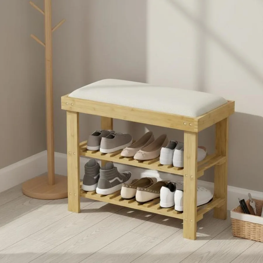 

Shoe Bench with Seat, Bamboo Storage Bench with 2 Open Compartments, Bench Seat 60 X 29 X 49 cm Cream White