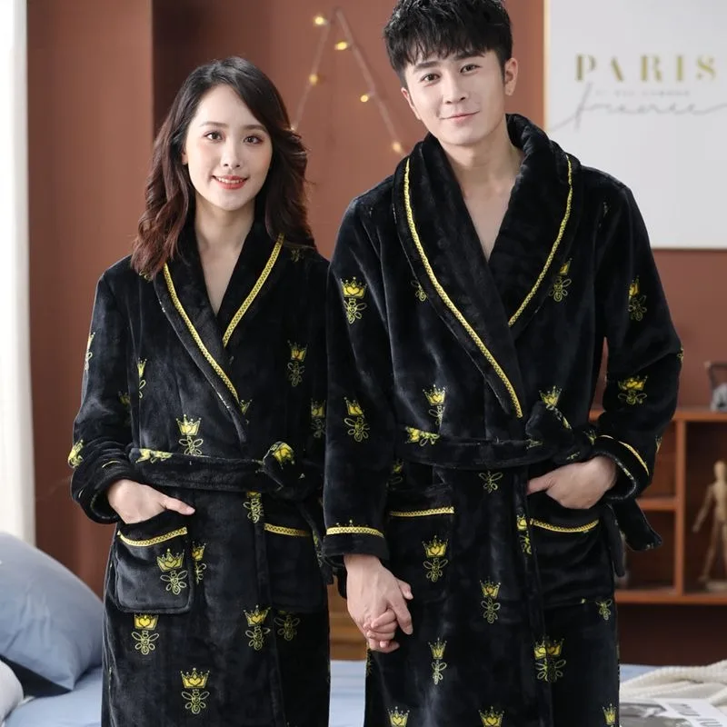 2024 New Nightgown Women's Autumn Winter Thickened Coral Velvet Robes Men's Pajamas Extended Flannel Bathrobe Couple Bathrobe