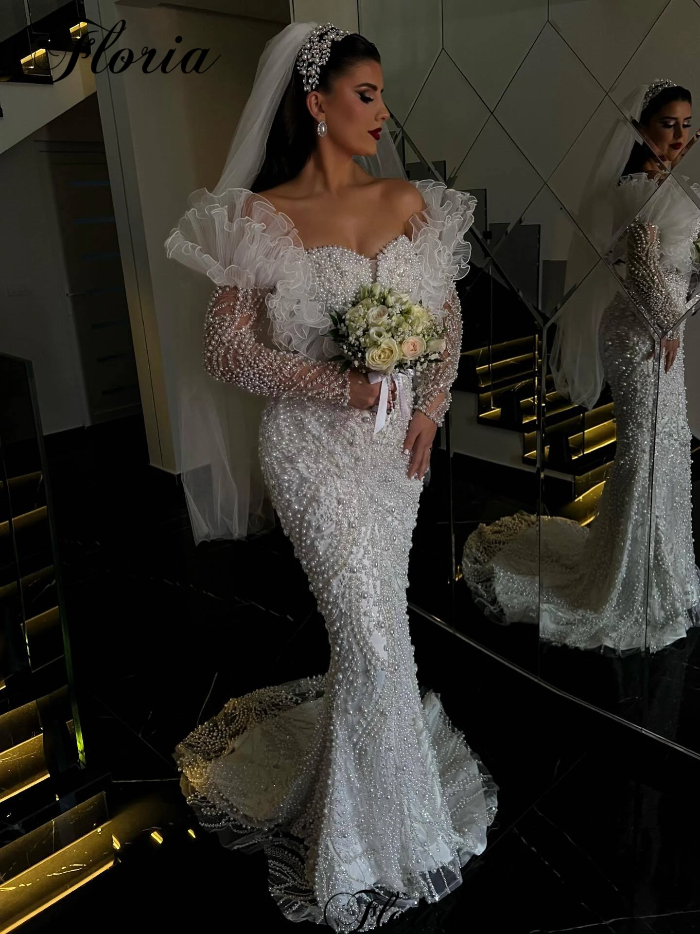 New Elegant Pearls Wedding Dresses Mermaid Country Long Sleeves Wedding Gowns For Women Bridal Gowns Vestido Blanco Customized