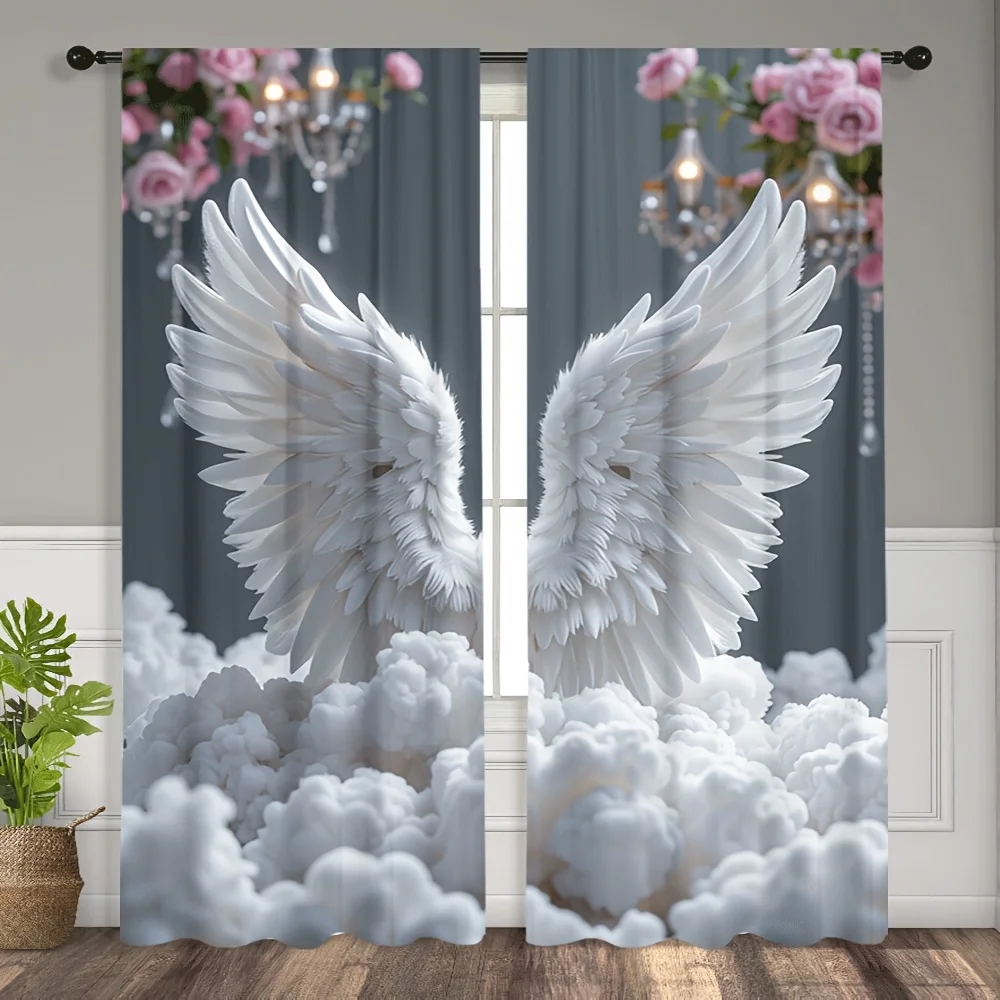 2pcs Angel Wings Print Curtains in White & Pink – Polyester Sheer with Rod Pocket for Bedroom & Study Decor