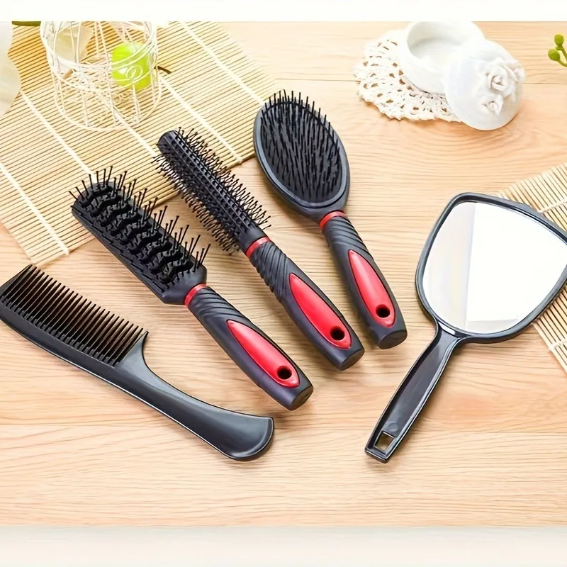 5-Pack Comb Brush Set with Mirror Hair Brush Holder Professional Massage Comb Cosmetic Hair Styling Tool Set