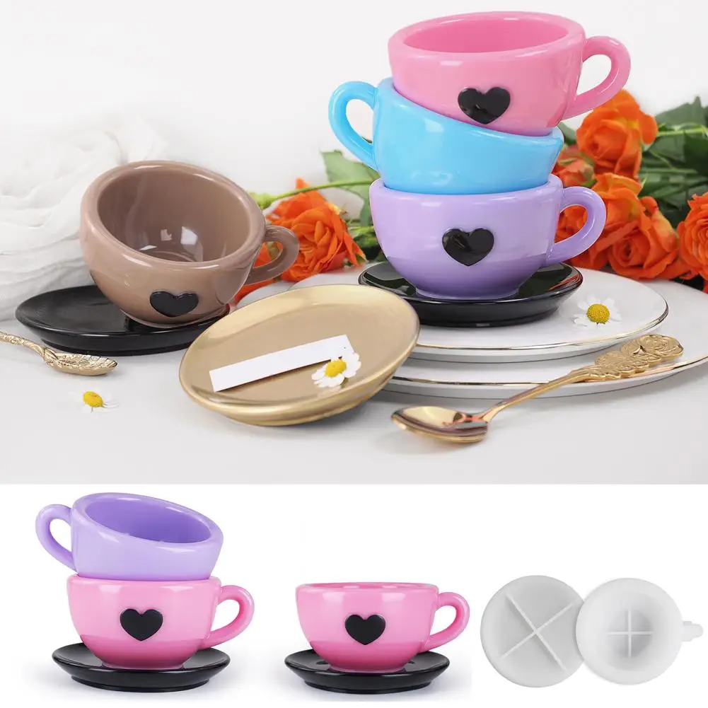 3D Love Heart Teacup Silicone Mold DIY Handmade gypsum Coffee Cup Cement Epoxy Milk Cup Home Mold Decor Saucer Mold Resin G P6S1