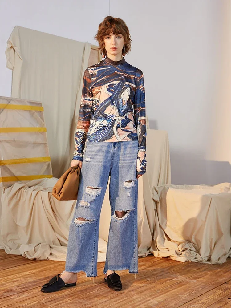 Ukiyoe Autumn Long Sleeve T Shirt For Women Turtleneck Blue Designer Top Tees Fall Clothes 2024