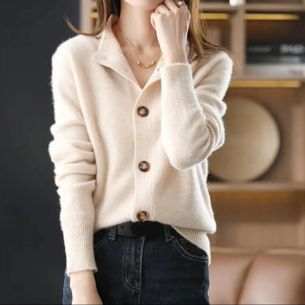 Women Sweater Coat Single-breasted Stand Collar Long Sleeves Knitted Loose Pure Color Knitwear Short Type Cardigan Jacket