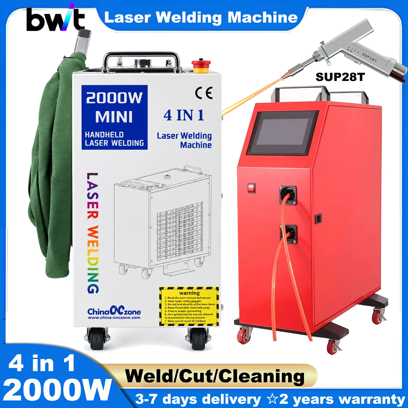 Saldatrice laser BWT 2000W 4 in 1 con doppio alimentatore a filo, pistola per saldatura SUP28T, macchina portatile per saldatura, pulizia e taglio laser