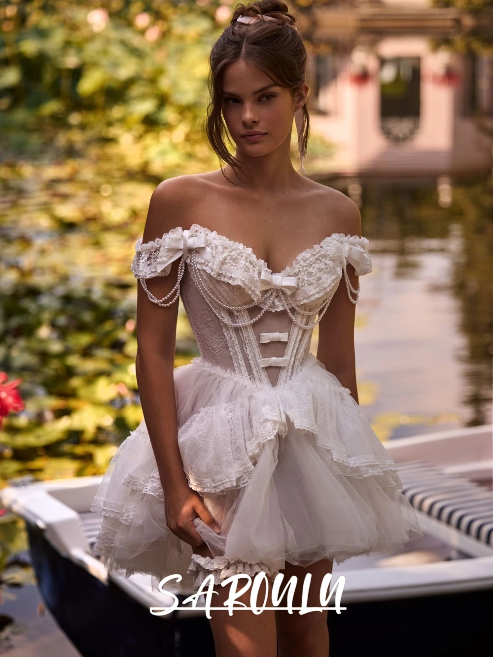 

Dolly Mini Wedding Dress Pearl Chain Bow Embellished Tulle Party Reception Bridal Gown With Ballet Style Elegant Lace Customized