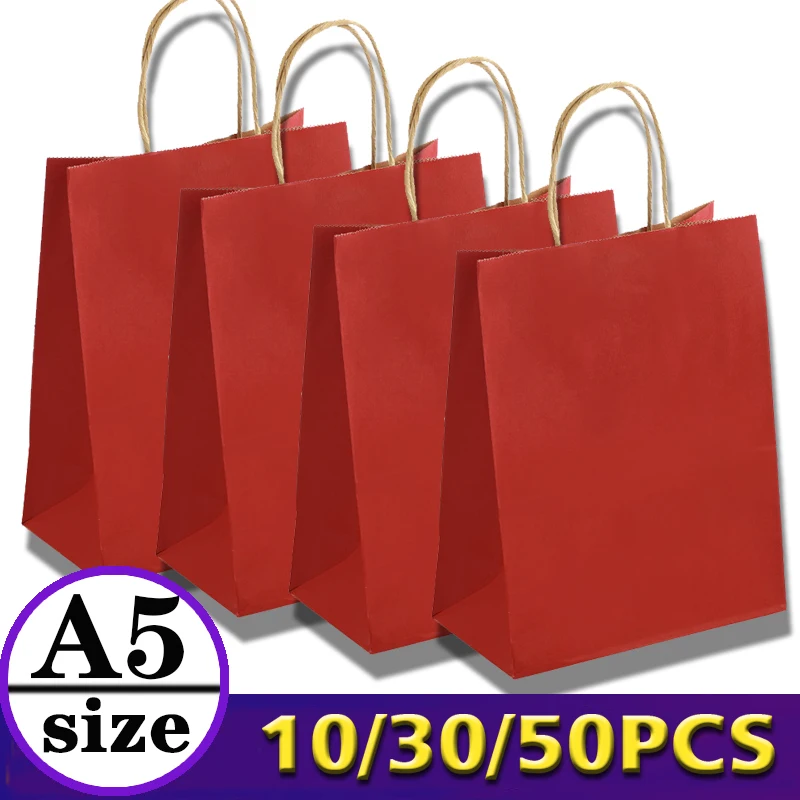 Vente en gros de 30/50 sacs en papier kraft rouge pour anniversaire, mariage, remise de diplôme, fête des enfants, Noël, sac cadeau, sac en papier pour les courses