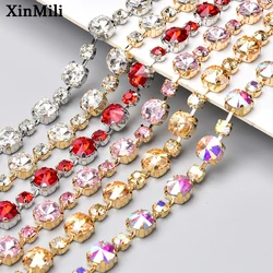 1 Yard New Round Shaped Diamond Glass Rhinestone Metal Chain Sew on Crystal Applique Belt Trim Diy Bride Dress Clothes Ornament