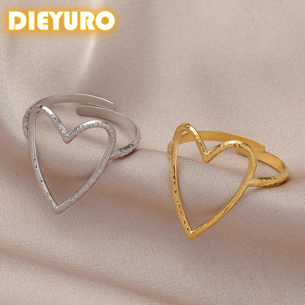 DIEYURO 316L Stainless Steel 2 Colours Love Heart Hollow Ring Fashion Beautiful Woman Exquisite Jewelry Gift For Lovers 2024 New