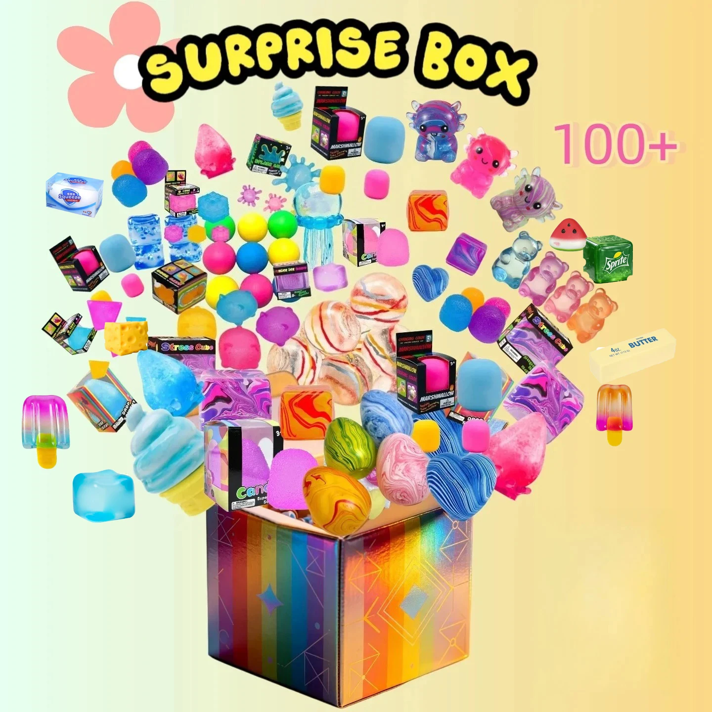 100+ style Novelty Mystery Gift Surprise Blind Box Dr PepperrNeDooh Nice Cube Butter stick Squishy Squeeze Toy for Adults Gifts