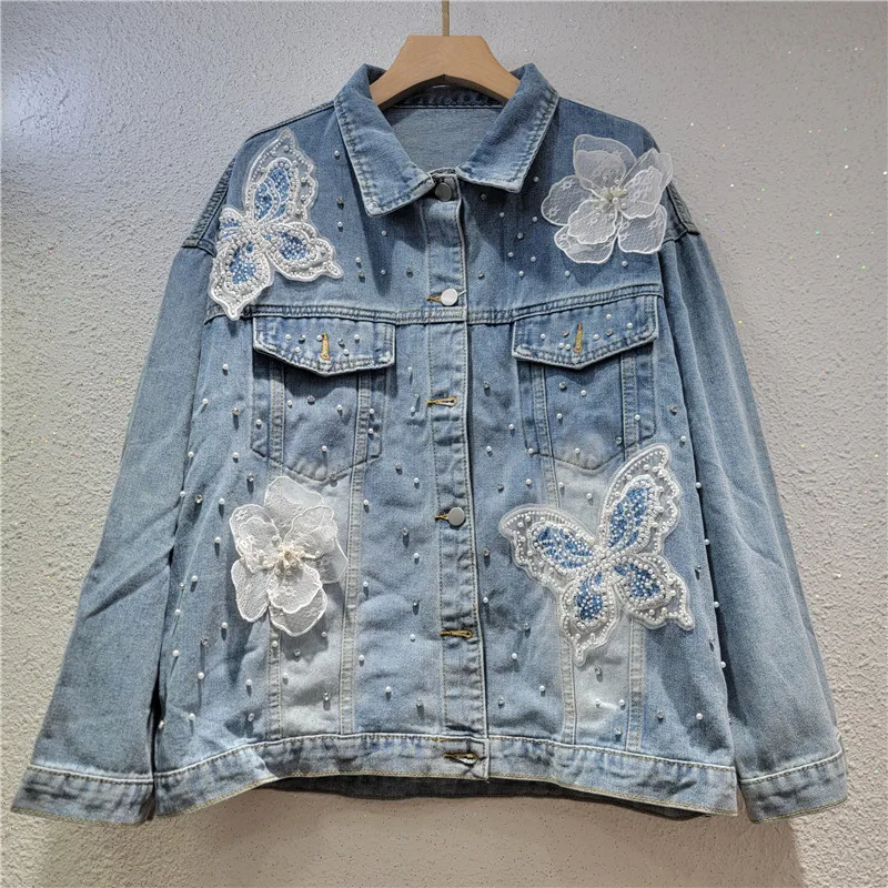 Schwer Verzierte Perlen-Schmetterlings-Denimjacke für Damen, Lässige Blaue Cowboy-Oberbekleidung mit Loser Kragen-Optik und Langen Ärmeln