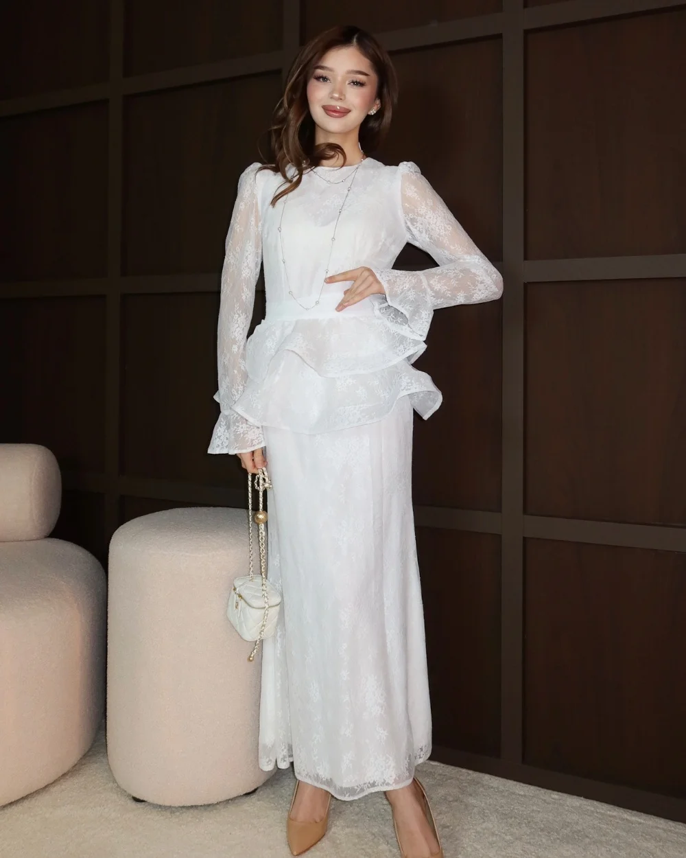 

Customized Fashion Formal Lace Pleat Tiered Straight High Collar Midi Dresses Bespoke Occasion Dresses High Quality Classic Sexy