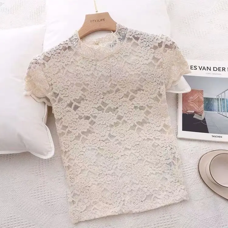 Blusa de encaje de manga corta para mujer, camisa Base de blusa de encaje ahuecada con temperamento de Súper Hada a la moda, novedad de verano 2025