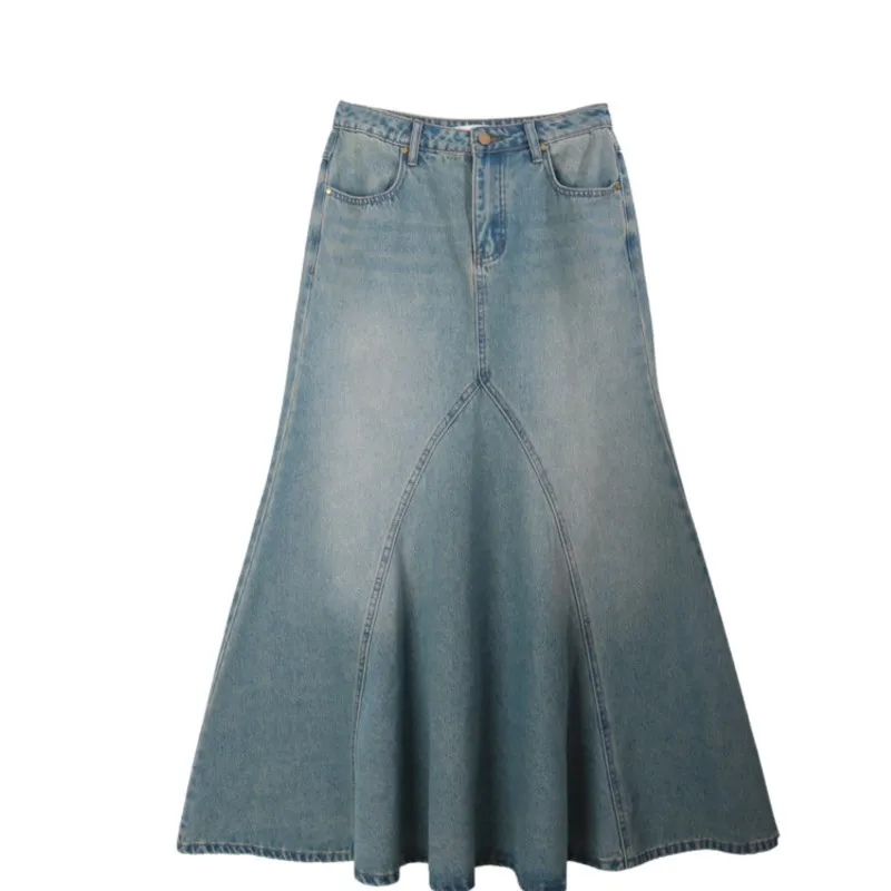 Spice Girls\' High Waisted Denim Long Skirt A-line Slimming Fishtail Skirt Casual Blue and Black Spring and Summer New 2024