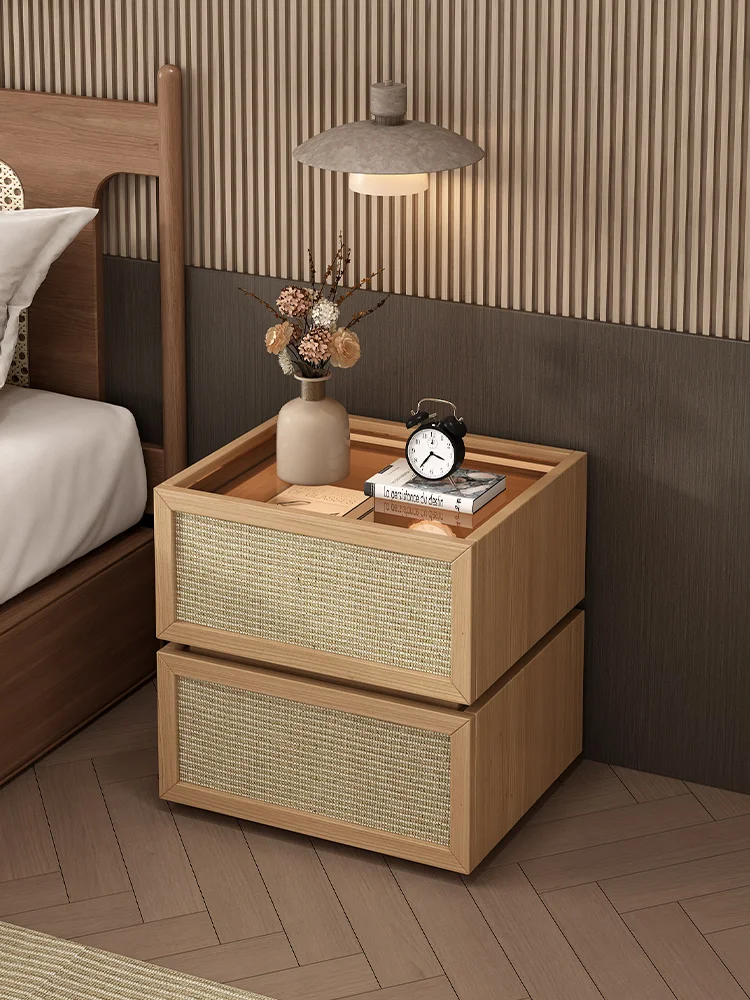 Retro Solid Wood Rattan Cloth Bedside Table,living Room Combination Storage Cabinet,Bedroom With Drawers Nightstands Furniture