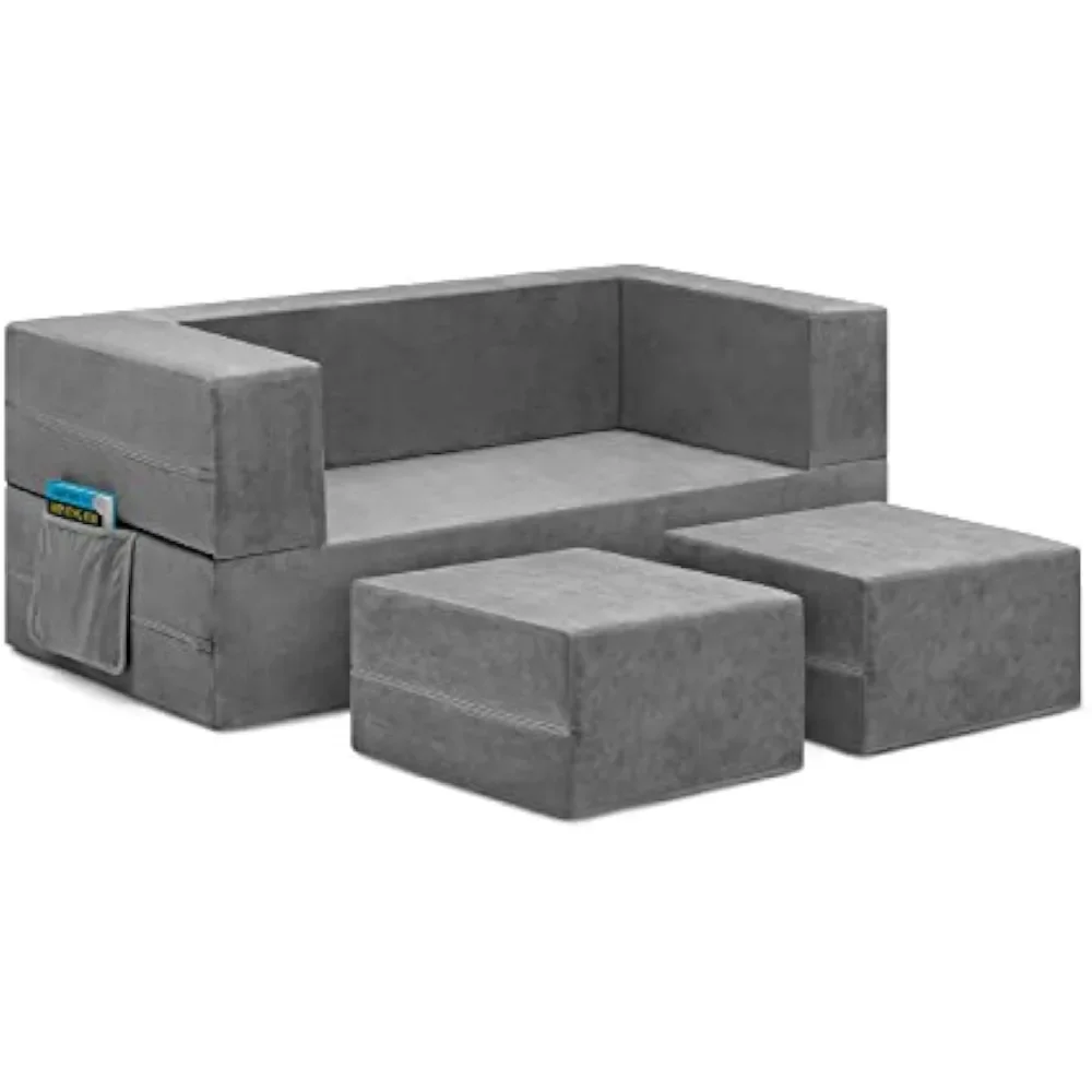 

Convertible Sofa and Playset for Children and Toddler Modular Foam Sofa and Reclining Chaise Longue with 2 Ottomans