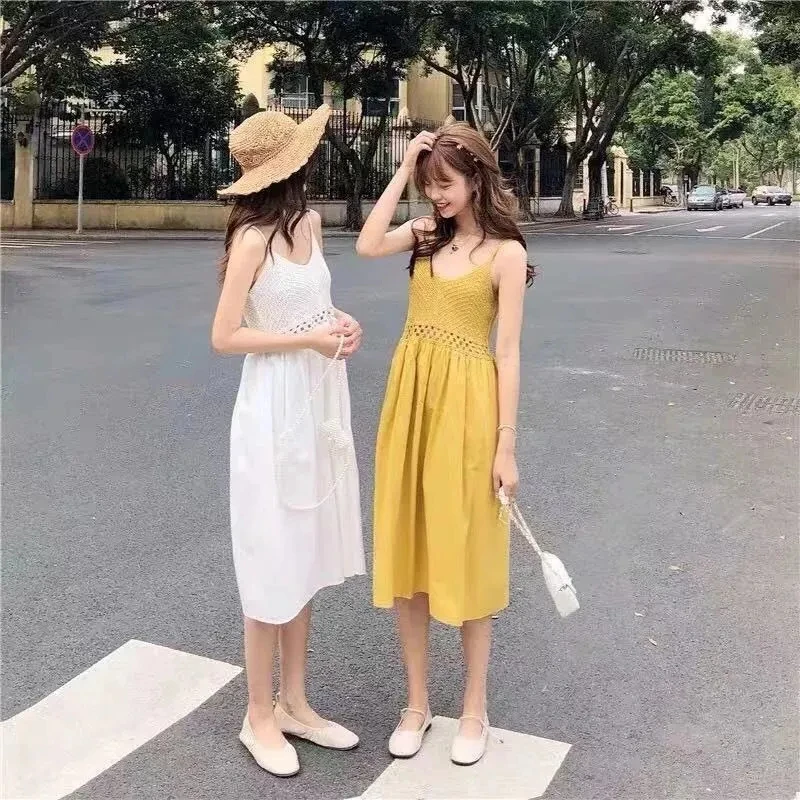 Weißes Kleid für Damen 2022, Vestidos De Mujer, V-Ausschnitt, ärmellos, lose Schlinge, Robe Femme, lose, aushöhlen, Sommer, süße Kleider