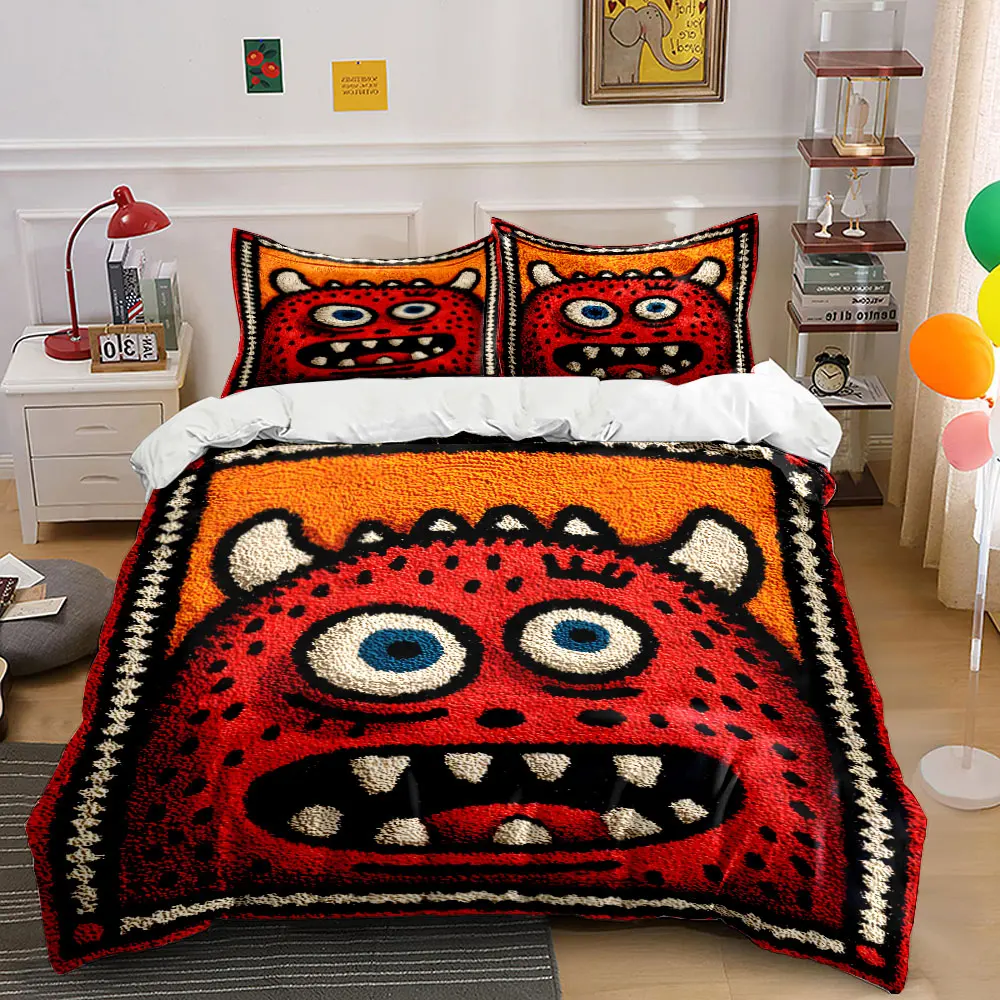Close-up of red monster illustration Printed Duvet Cover Set 1 Duvet Cover+2 Pillowcase Multi Size Bedroom Bedding Decor