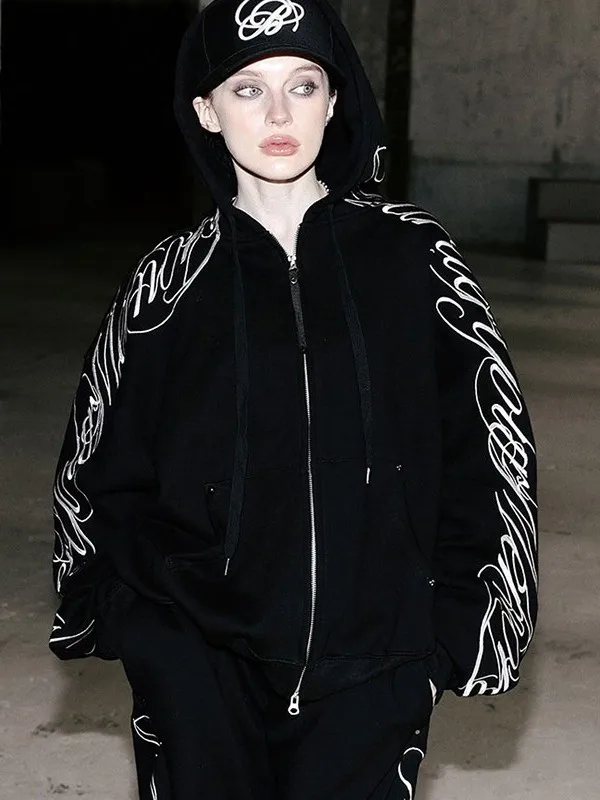 Sudadera con capucha y cremallera con bordado pesado Retro americano, pantalones de pierna ancha Jaet, conjunto de dos piezas, ropa deportiva informal Faionable