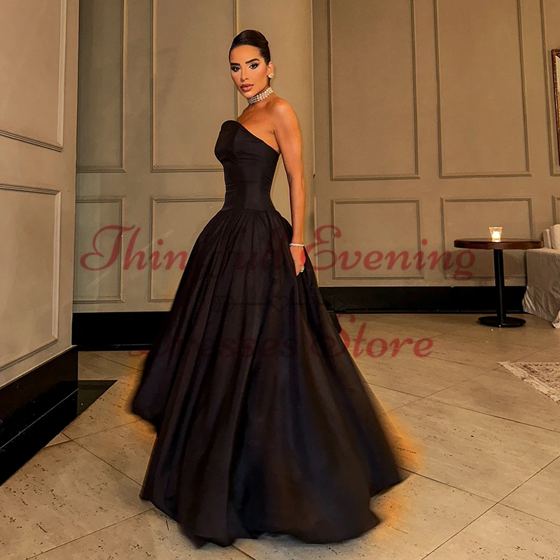 Thinyfull Black A-Line Prom Evening Dresses Saudi Arabia Strapless Satin Party Dress Women Night Cocktail Prom Gowns Plus Size