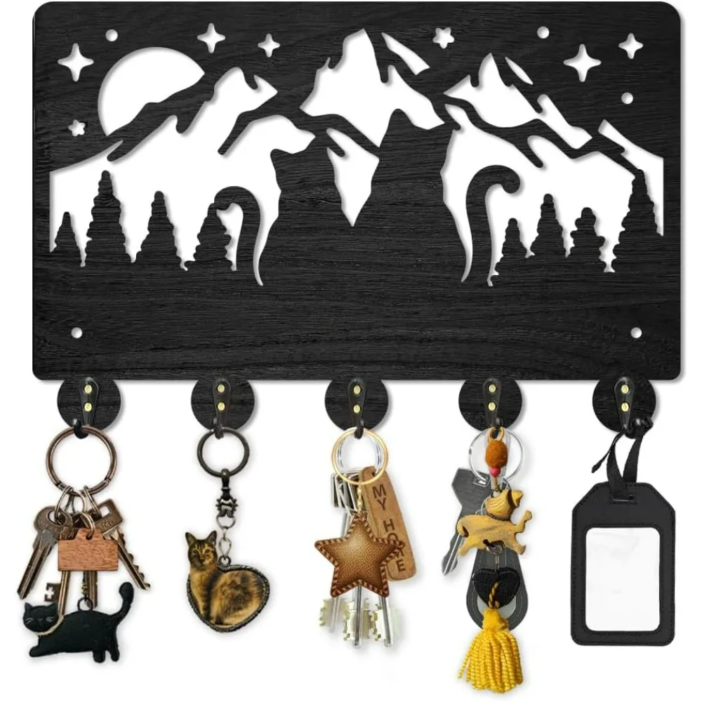 Wood Cat Love Mountain Coat Rack Forest Cat Family Moon Starry Sky Key Hooks for Wall 11.8×7.9inch Black Animal Key Holder