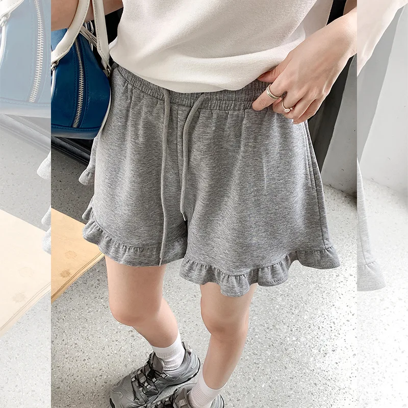 Sweet Ruffled Hem Design Casual Pants for Women Summer Wear Elastic Waist Tie Slimming Stunning Shorts