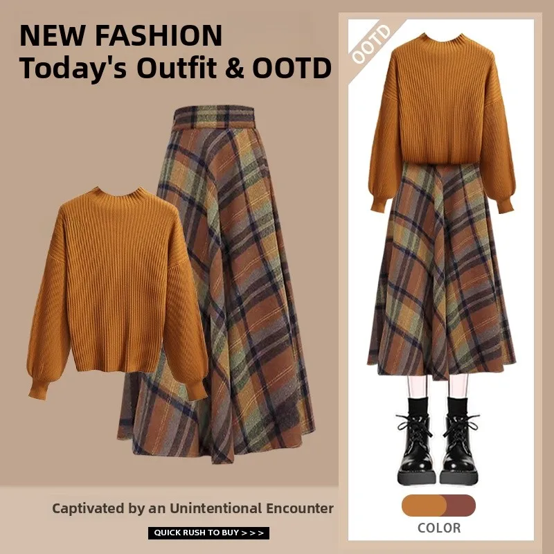 

Autumn Winter Women's Knitted Sweater And Slimming Skirt Two-Piece Set Vintage Style Long Sleeve Casual Wear Polyester Fiber