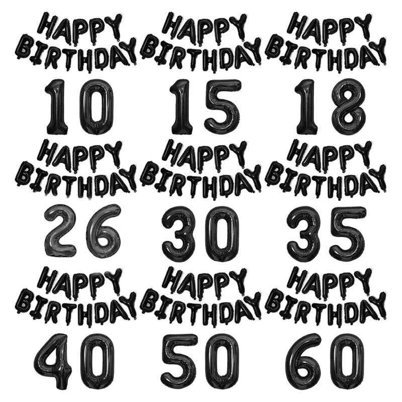 رسالة عيد ميلاد سعيد سوداء مقاس 16 بوصة مع بالون رقمي لحفلة عيد ميلاد الكبار والأطفال 10 15 16 18 25 30 35 40 50 60 70 سنة #1