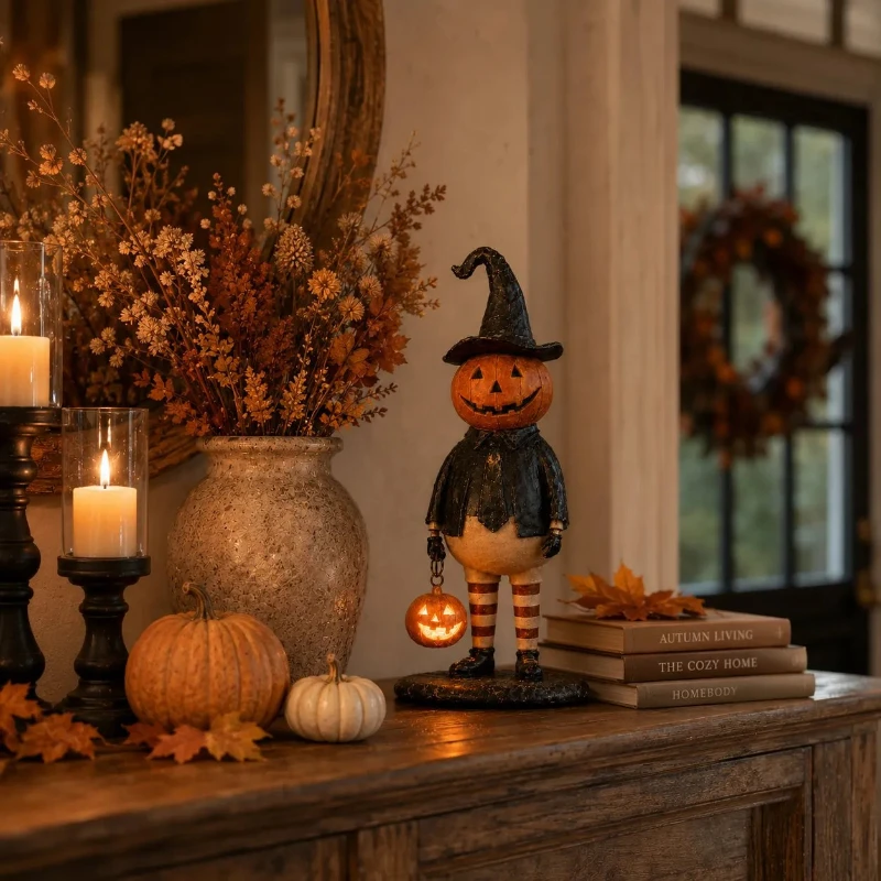 Resin Vintage Witch Gentleman Tabletop Decor with Lighted Handheld Pumpkin Lantern Crafts Creative Pumpkins Ornament for Home