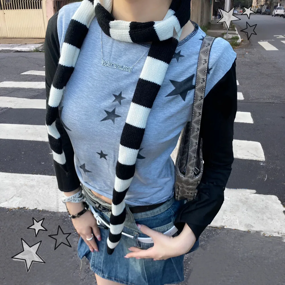 Harajuku Punk Y2k Knitted Narrow Long Scarf Fashion Grey Red Black Striped Scarves Choker Women Warm Scarf Shawl Streetwear 2024