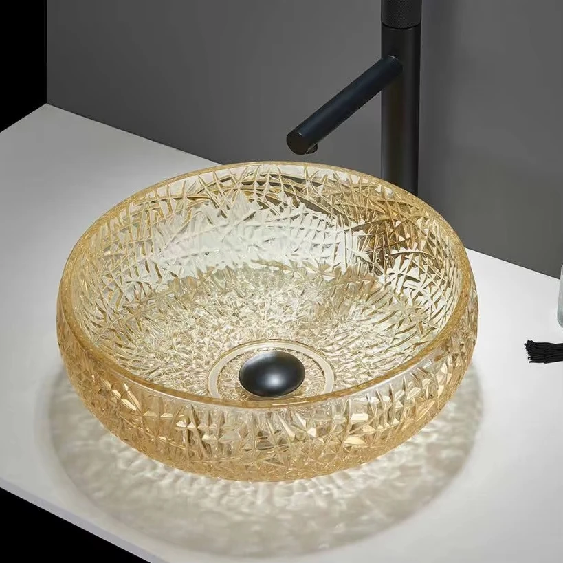Luxury Iridescent Diamond Crystal Glass Vessel Sink Round Tempered Glass Bathroom Wash Basin Colorful Art Countertop Sink Hotel