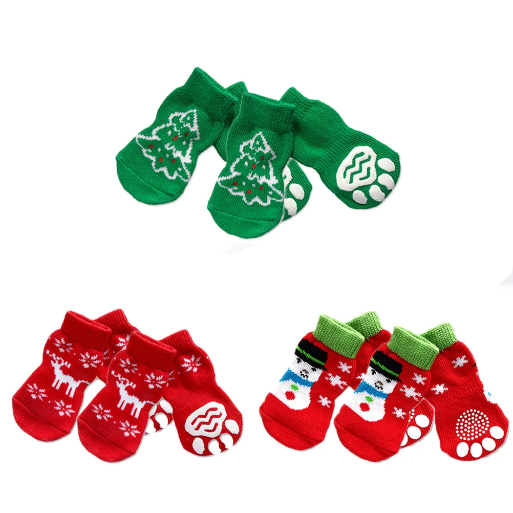 

Cotton Anti Slip Cartoon Pattern Protect Pets Feet Cold Snow Easy Use Christmas Stockings Green Santa Doggie Socks