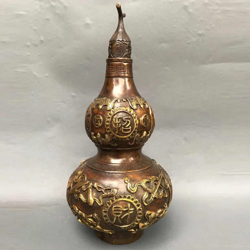 Pure Brass Wu Lou Gourd Feng Shui Wealth Attracting Ornament Retro Chinese Fortune Bottle Home Office Decor