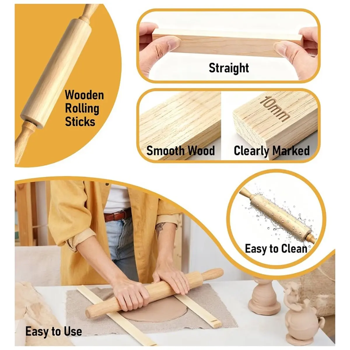 13 Pcs Pottery Tools Set, 5 Sizes Clay Thickness Guide Sticks & Wooden Rolling Pin for Clay Modeling