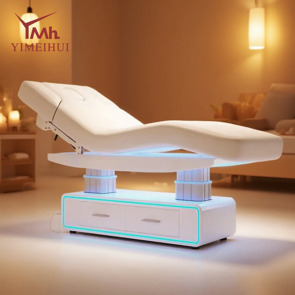 كراسي تجميل كهربائية فاخرة ذات 4 محركات، سرير تدليك سبا لصالون الوجه مع سرير جمالي بتصميم جمالي