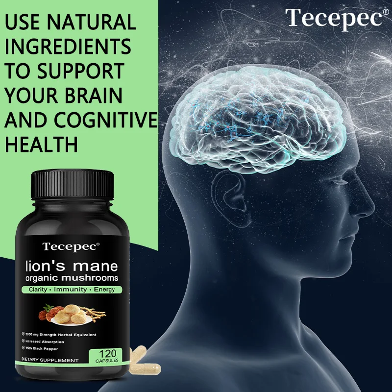 Lion's Mane Capsules with Black Pepper, Natural Cognitive & Immune Support Supplement, Support Focus, Memory, Energy & Mood