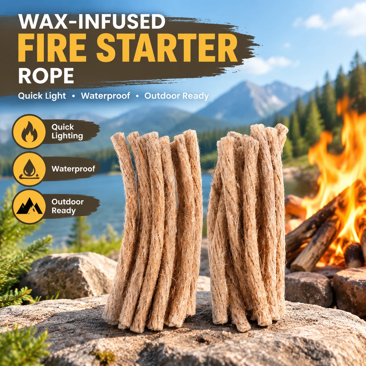 Wax-Infused Fire Starter Rope for Camping Fireplaces Outdoor Survival, Waterproof Quick-Lighting