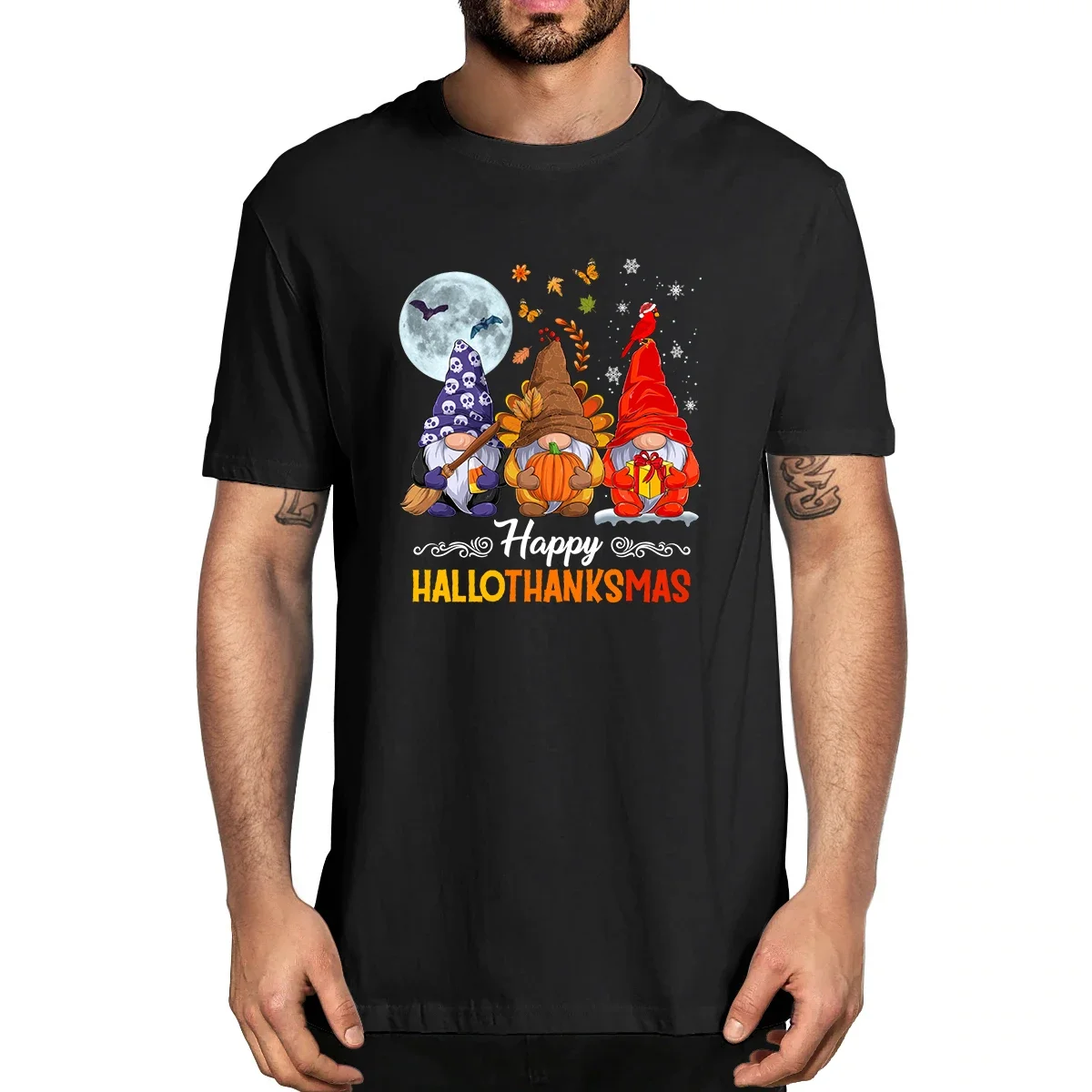 100% Cotton Halloween Thanksgiving Christmas Happy Hallo Thanks Mas Gnomes Men's Novelty T-Shirt Women Casual Streetwear Top Tee