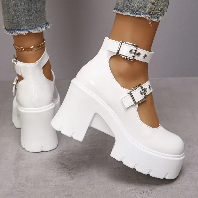 Chunky Platform Punk Gothic Shoes Women Ankle Buckle Super High Heels Pumps Woman 2024 Pu Leather Square Heel Mary Jane Shoes