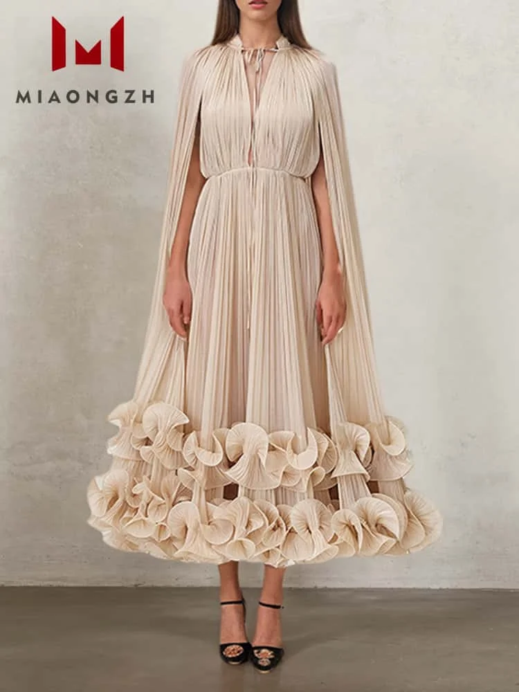 

2025 Solid New Cloak Style Fungus Side Party Robe Dresses For Women V Neck Summer Fashion Double Layer Hem Temperament Dress