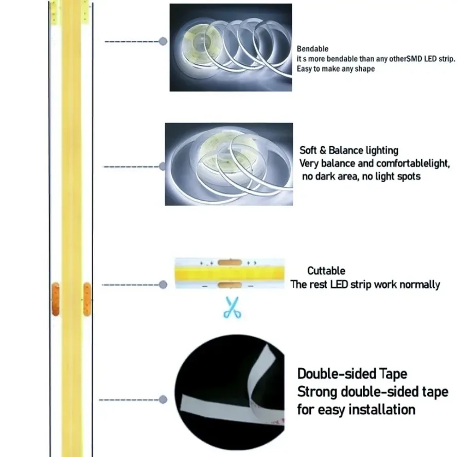 10m COB LED Strip DC 12V 24V Warm FOB LED Lights for Room Bedroom Decor 3m 5m High Density Soft Flexible Neon Tape Light Lamp