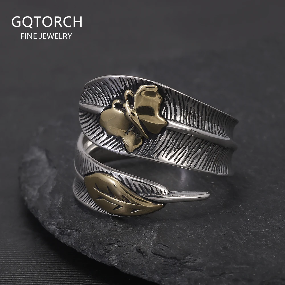 

Настоящее серебро 925, открытое кольцо с перьями и листьями для женщин, золотое бабочка, модное богемное винтажное ретро-регулируемое модное ювелирное изделие для вечеринок