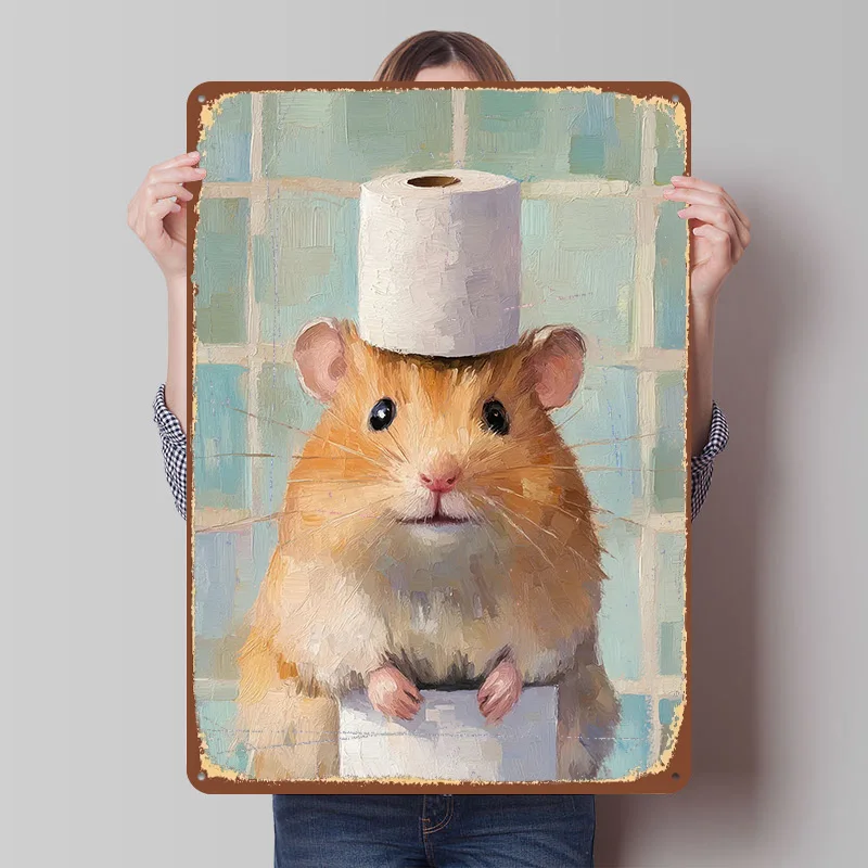 Hamster With Toilet Paper Hat Metal Poster Customized Wall Art Retro Vintage Tinplate Signs for Man Cave Living Room Decoration