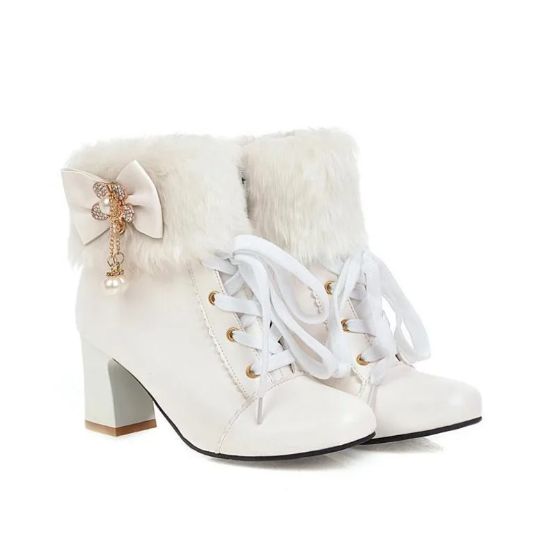 Furry Lolita Fur Mid-Calf Boots with Heart Shaped Bowknot Tie Winter Warm Inner Hidden Height Increased Booties Dropship