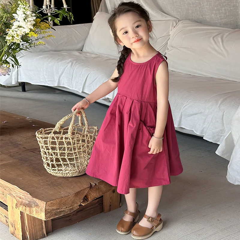 

Новая длинная юбка, жилет без рукавов, детское платье принцессы, однотонная плиссированная юбка, тонкое хлопковое платье для девочек, лето 2025 г.